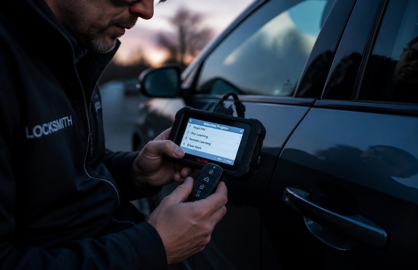 Auto locksmith programming a replacement car key fob in Auckland
