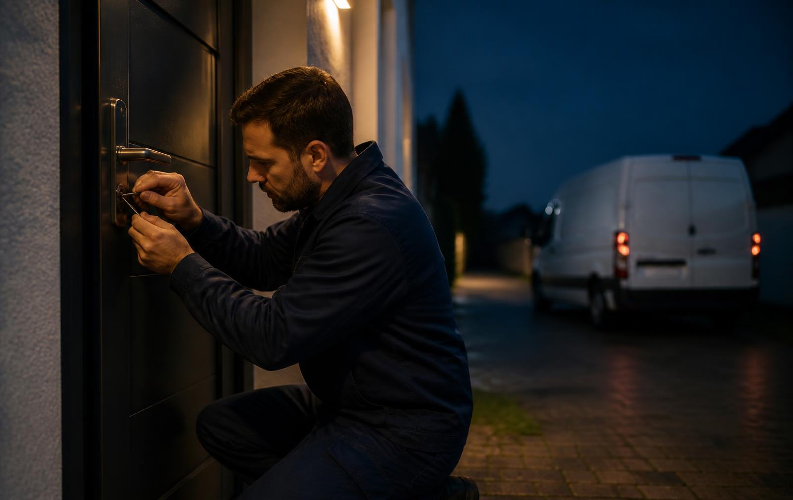 Blitz Locksmith technician opening a front door at night in Auckland